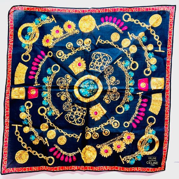 2 New Large Celine Paris Handker/Mini Scarf 20"Cotton Pink Black Gold Chain(51 - Picture 15 of 16